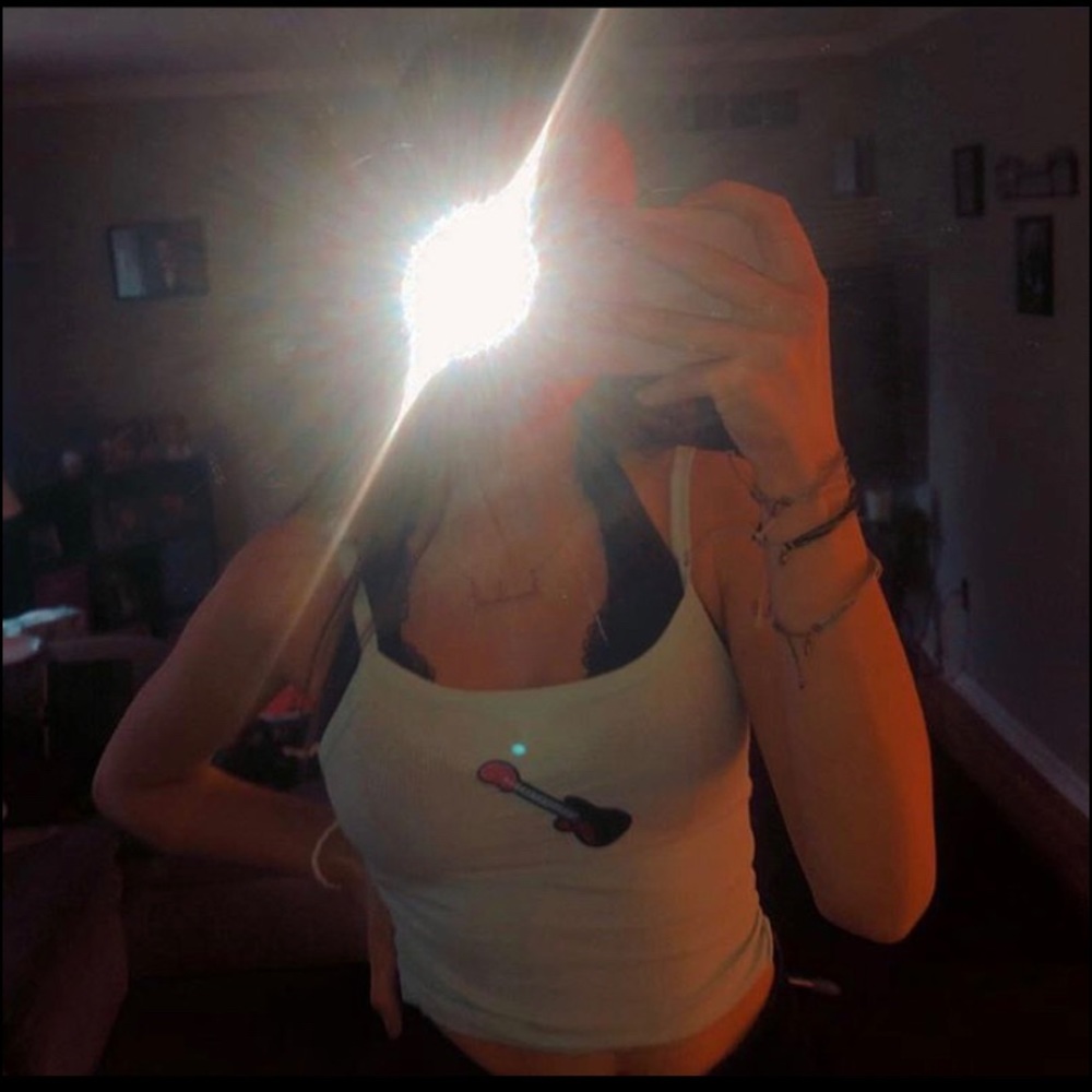 cropped blue tank top with guitar patch